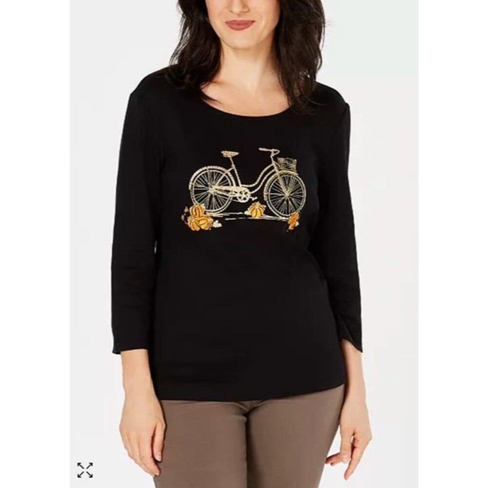 Karen Scott black harvest Halloween bicycle ride ¾ sleeve top. New with tags